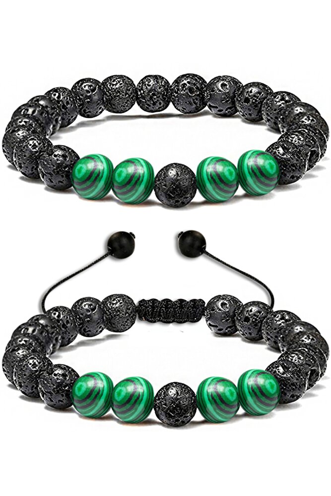 Sertifikalı Doğal Malahit Volkan Lav Taşı Doğal Taş Bileklik Seti