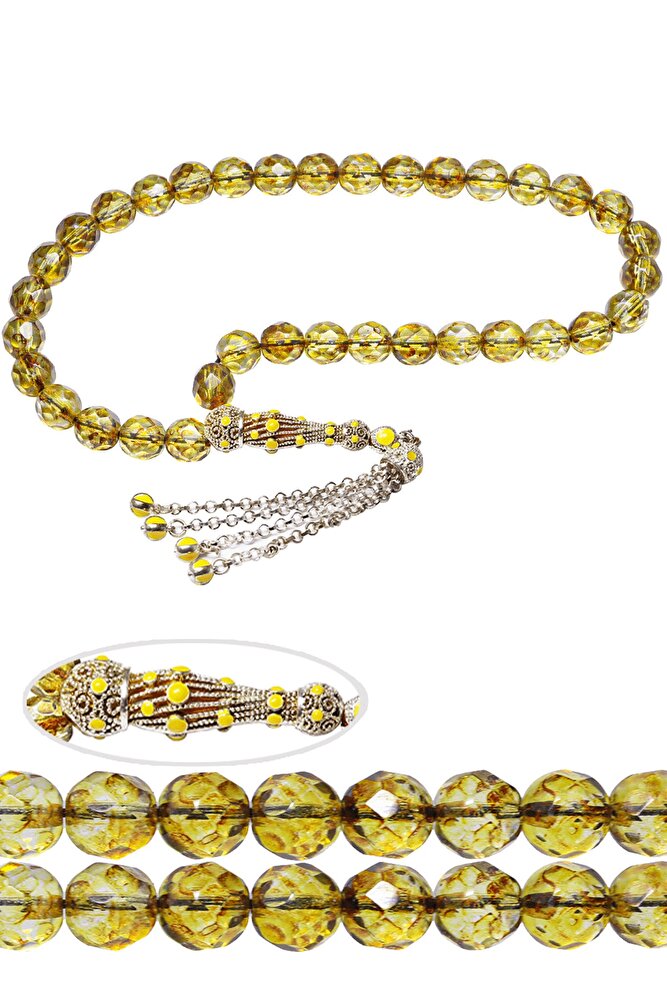 Sertifikalı Telkari Püskül Sarı Doğal Kuvars Taşı Tesbih