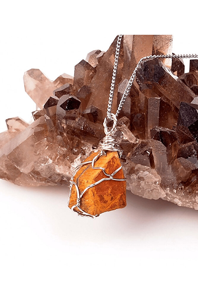 Sertifikalı Ham Işlenmemiş Tel Sargılı Kaplan Gözü Taşı Kolye