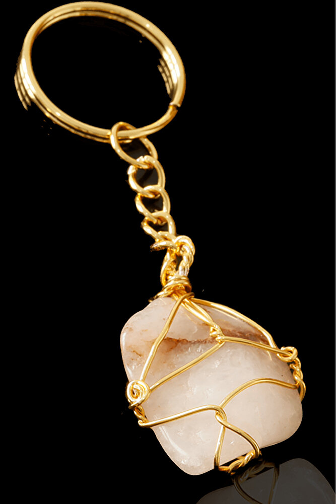 Sertifikalı Tel Sargılı Dentritli Beyaz Akik Taşı Anahtarlık - Altın Kaplama