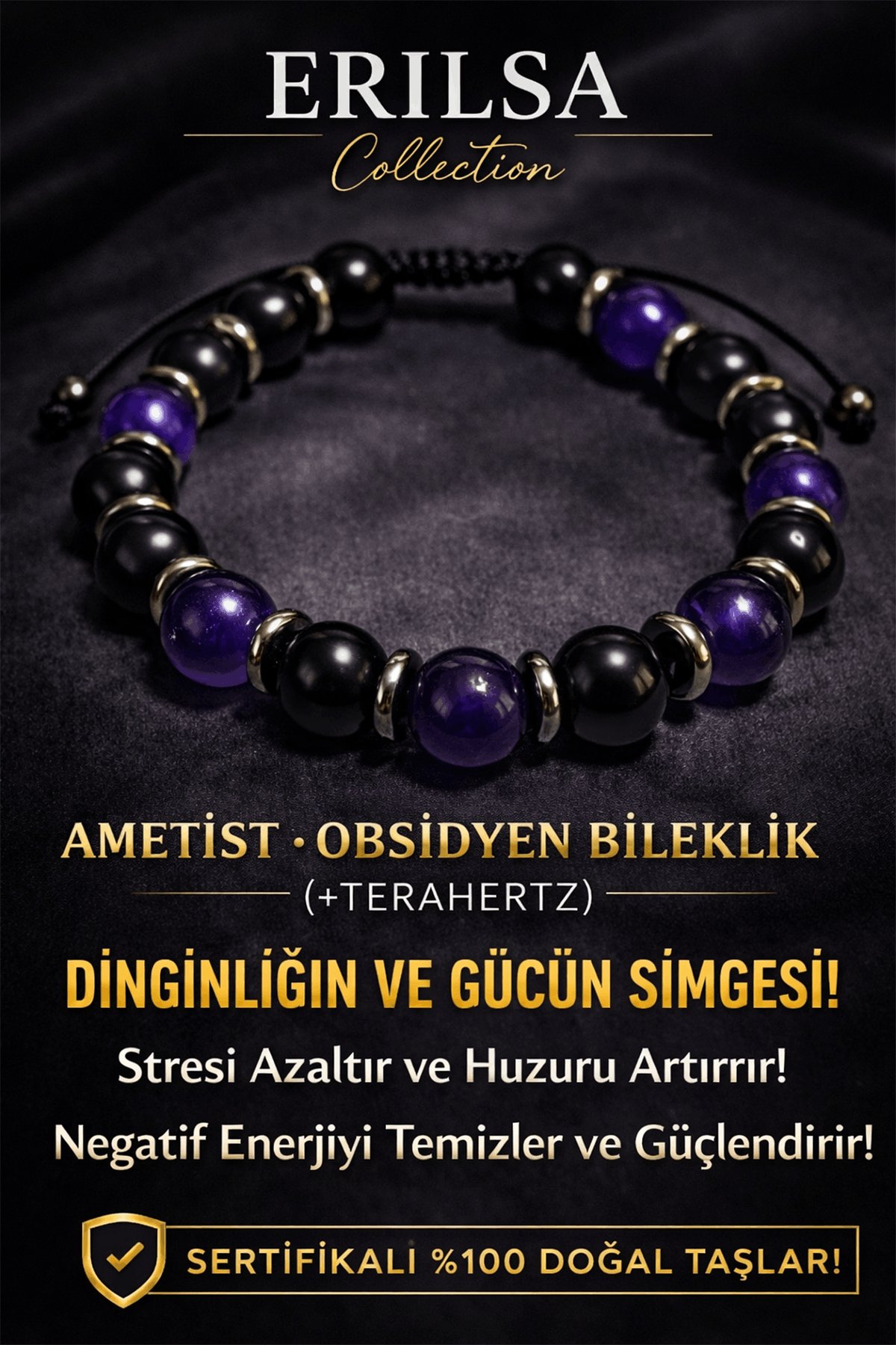 Sertifikalı Obsidyen - Ametist Taşı Bileklik - 8 mm Doğal Taş Terahertz Aparatlı Unisex El Yapımı
