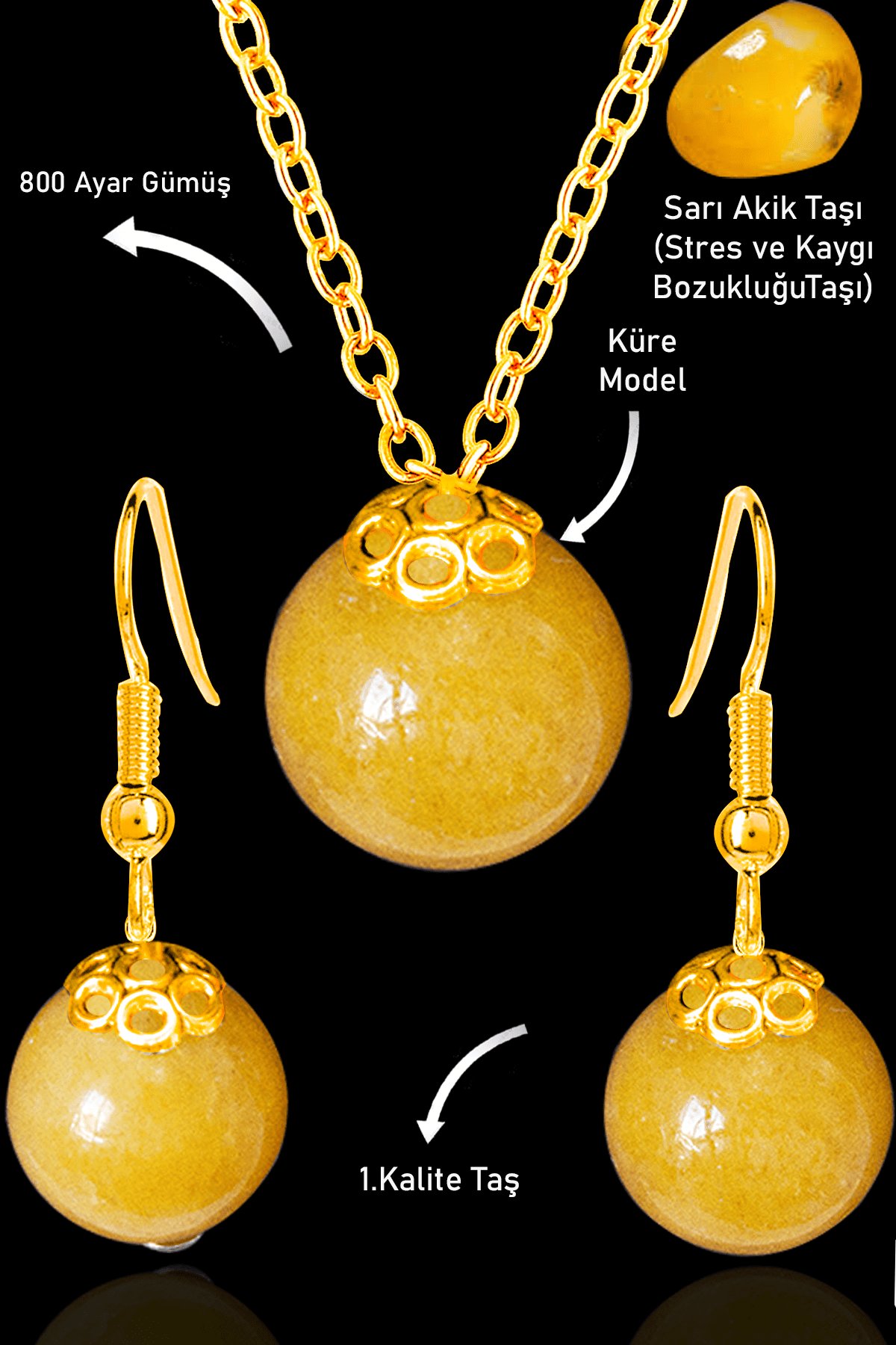Sertifikalı Küre Model Turuncu Akik Taşı Kolye ve Küpe Seti - Gümüş Aparatlı