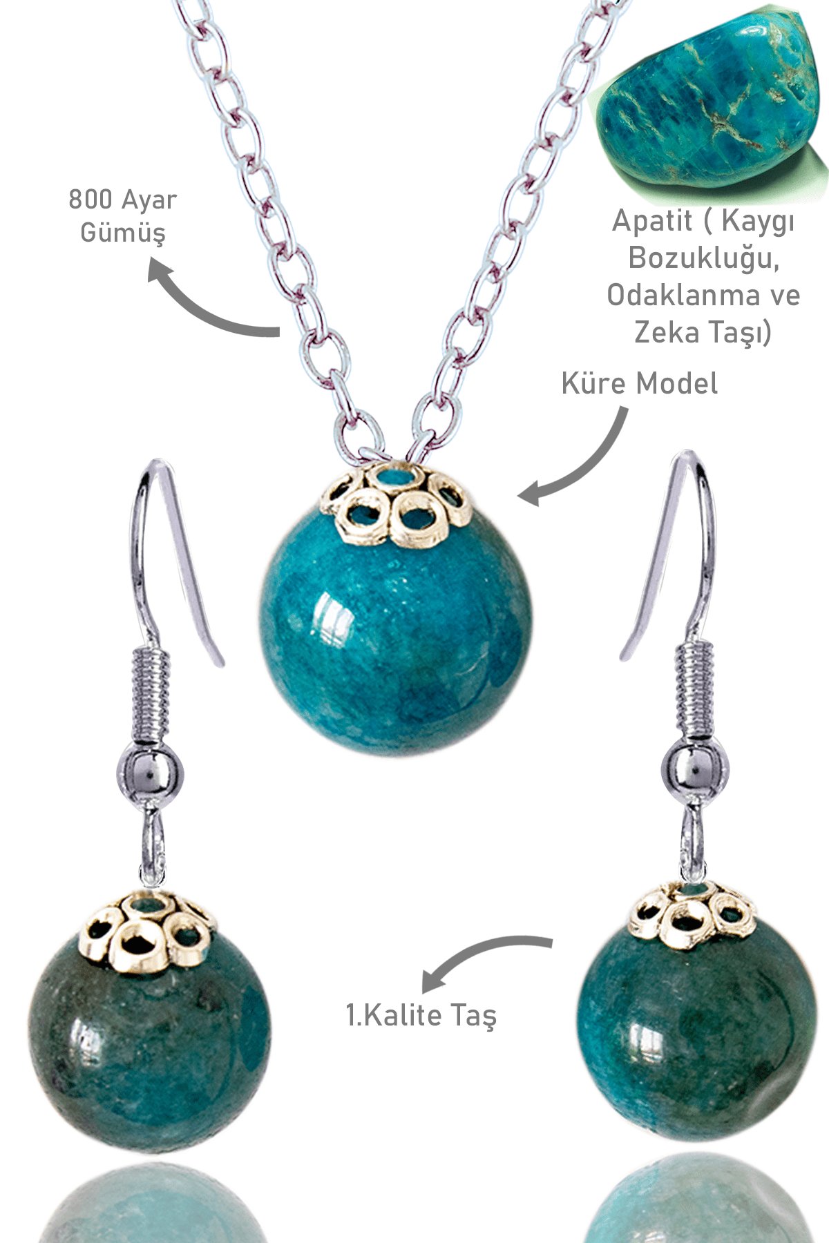 Sertifikalı Küre Model Apatit Taşı Kolye ve Küpe Seti - Gümüş Aparatlı