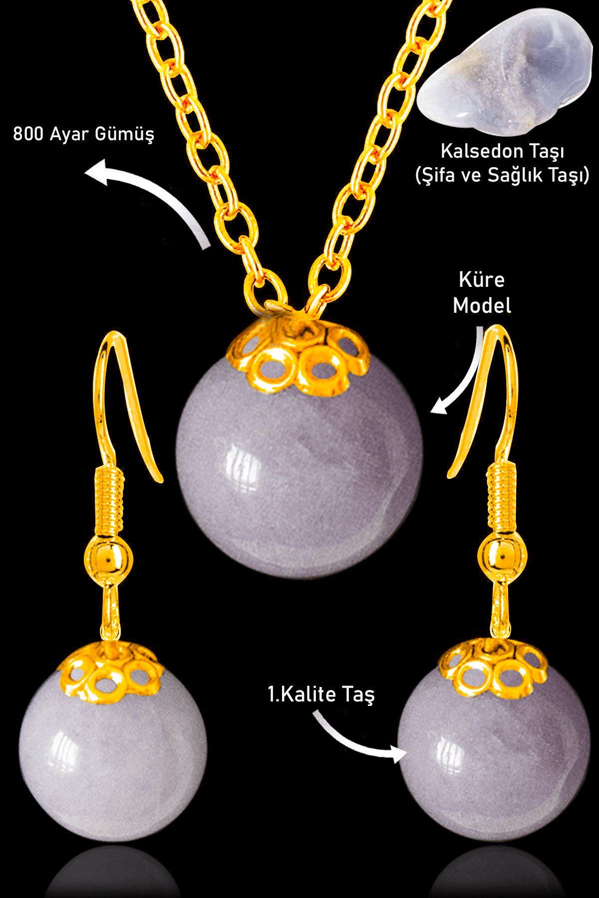 Sertifikalı Gold Küre Model Mavi Kalsedon Taşı Kolye ve Küpe Seti - Gümüş Aparatlı
