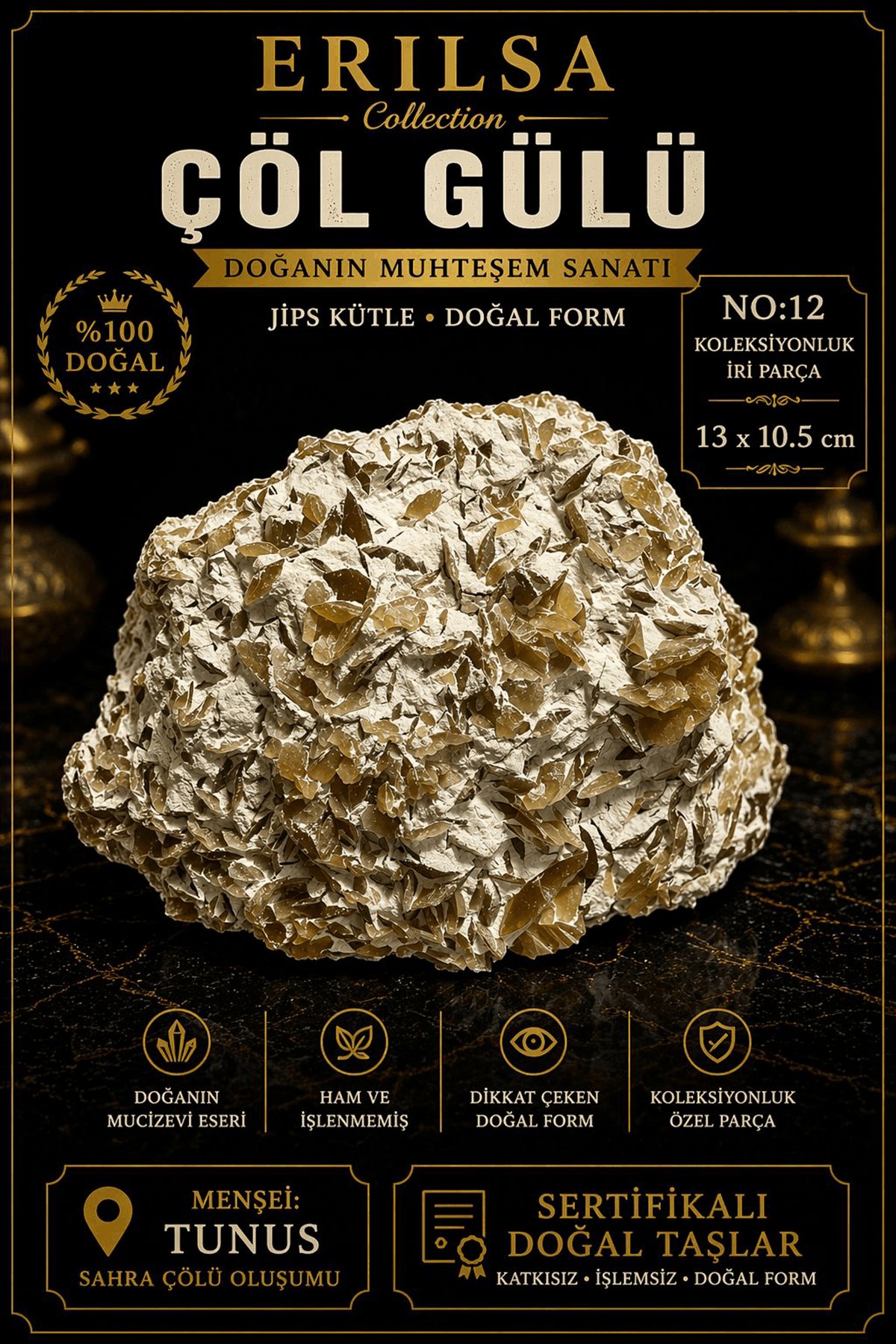 Sertifikalı Çöl Gülü Taşı Kütle - 13x10.5 cm Koleksiyonluk İri Doğal Jips Kütle