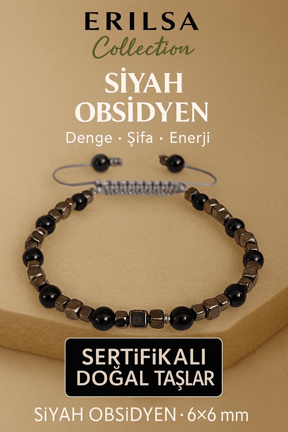 Sertifikalı Doğal Terahertz Siyah Obsidyen Taşı Bileklik 6x6 mm - Denge ve Enerji Taşı