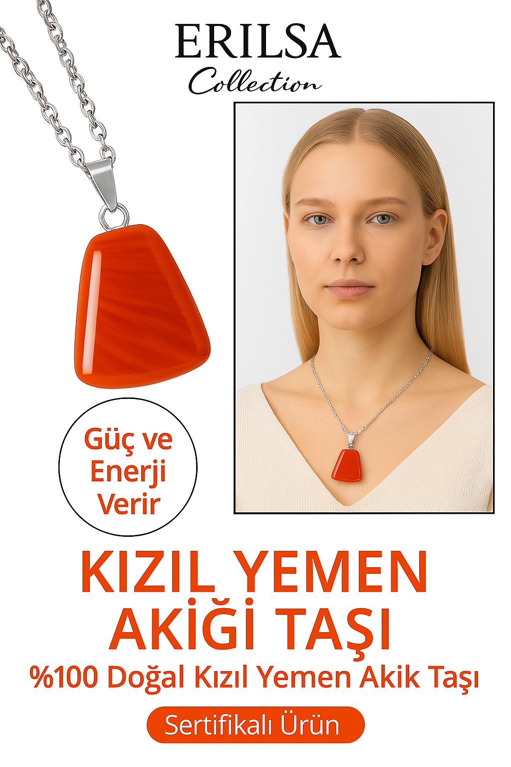 Sertifikalı AAA+ Kızıl Yemen Akiği Kolye – Beşgen Model, Gümüş Aparatlı