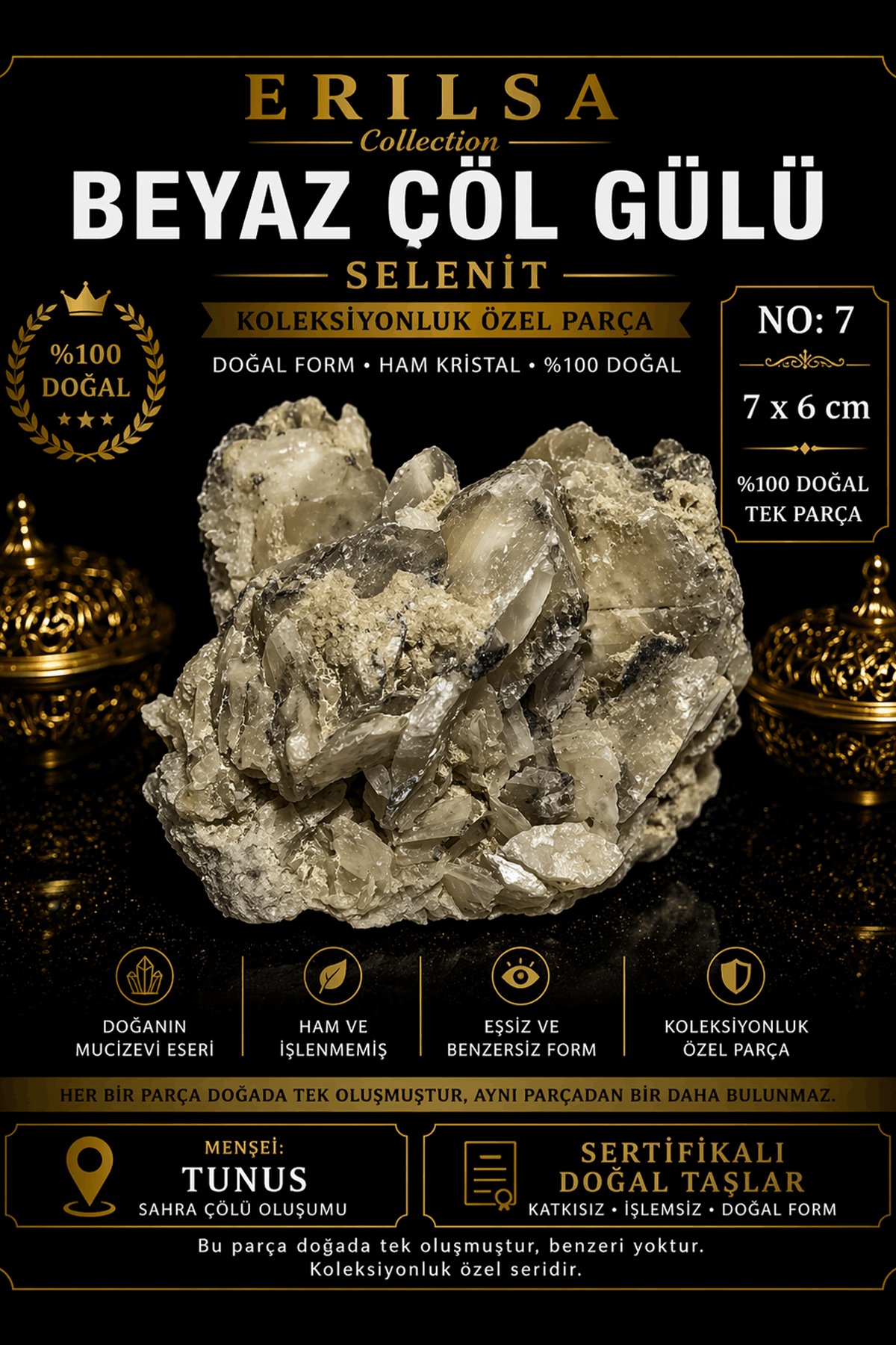 Sertifikalı Beyaz Çöl Gülü Selenit Taşı Kütle - 7x6 cm Koleksiyonluk Doğal Tek Parça