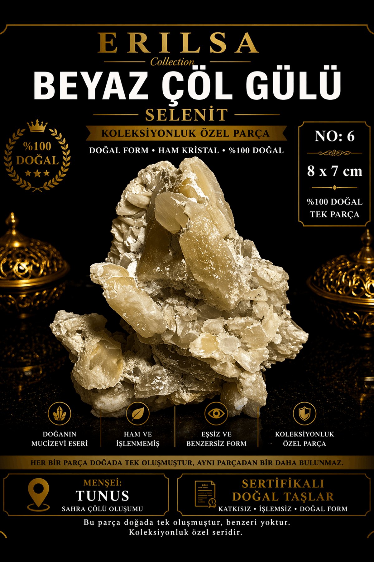 Sertifikalı Beyaz Çöl Gülü Selenit Taşı Kütle - 8x7 cm Koleksiyonluk Doğal Tek Parça