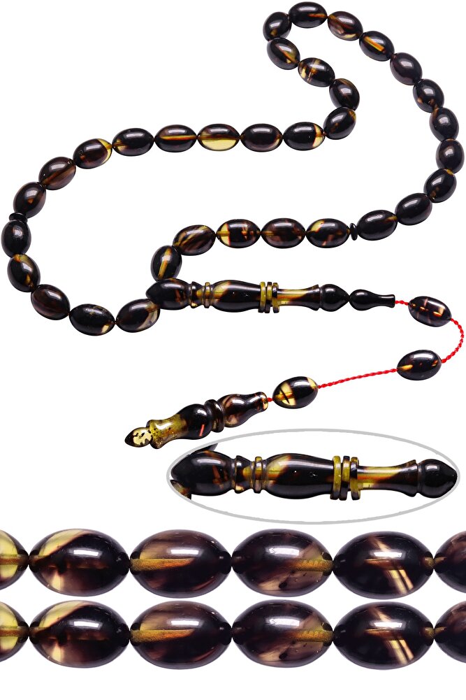 Sistemli Beyzi Kesim Halkalı Siyah Renk Sıkma Kehribar Tesbih