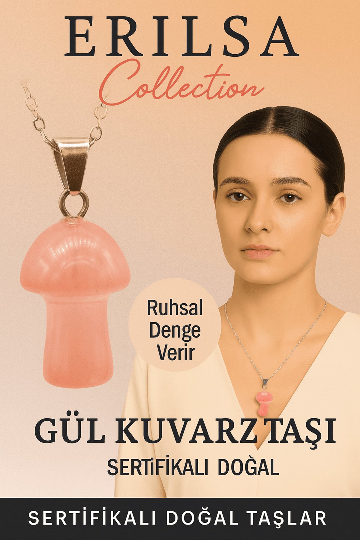 Sertifikalı Mantar Model Gül Kuvars Taşı Kolye - Ruhsal Denge Veren Doğal Taş Kolye