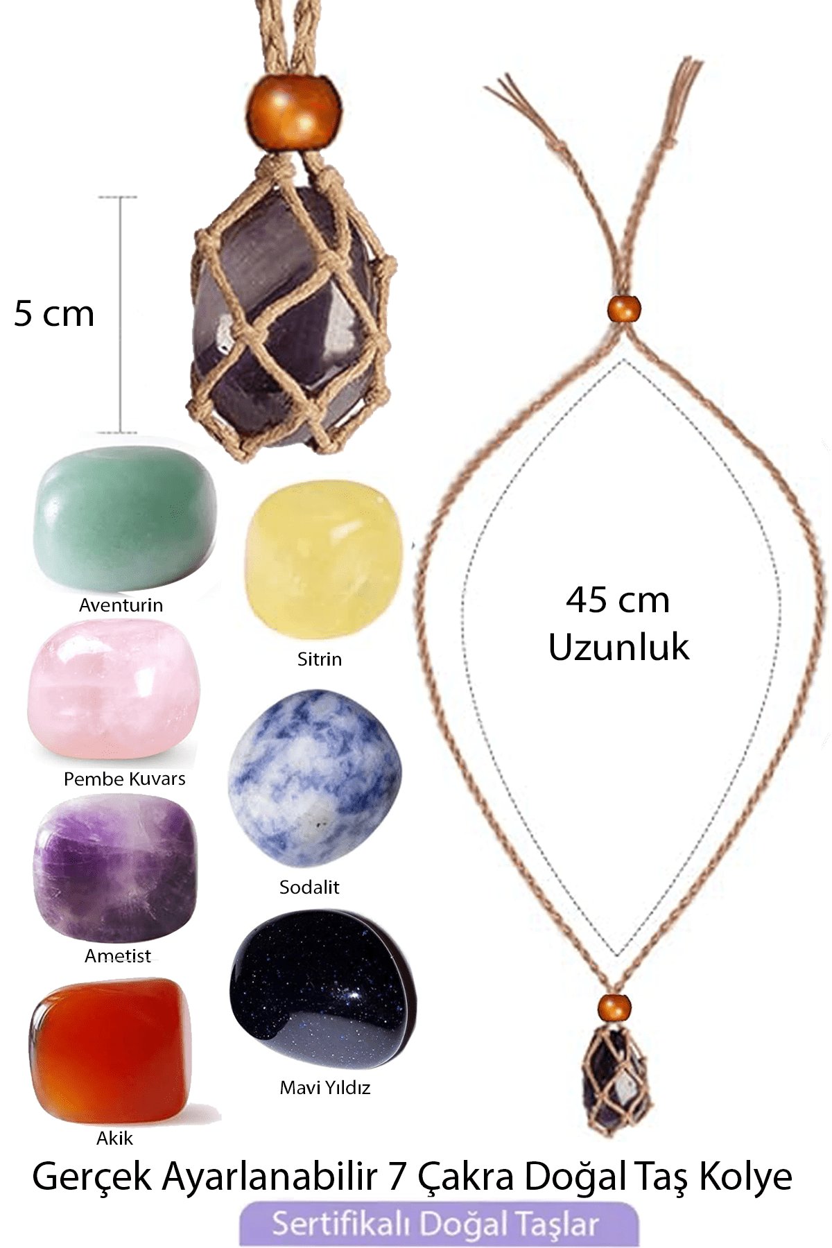 Sertifikalı Orijinal Şifa Seti Makrome Örgülü 7 Çakra Doğal Taş Kolye Ayarlanabilir - Krem