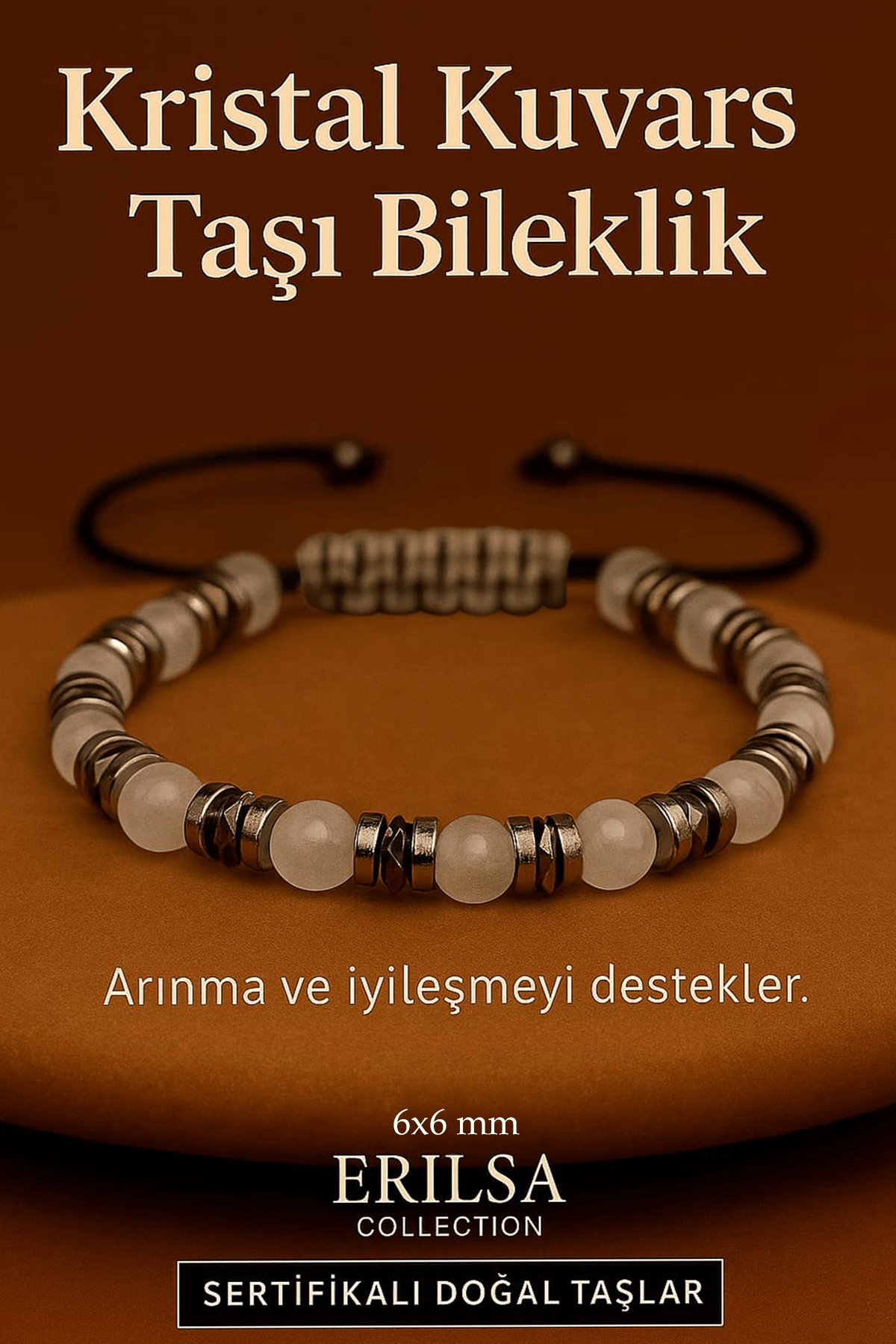 Sertifikalı Kristal Kuvars Taşı Bileklik 8x8 mm – Arınma Saflık ve Şifa Taşı