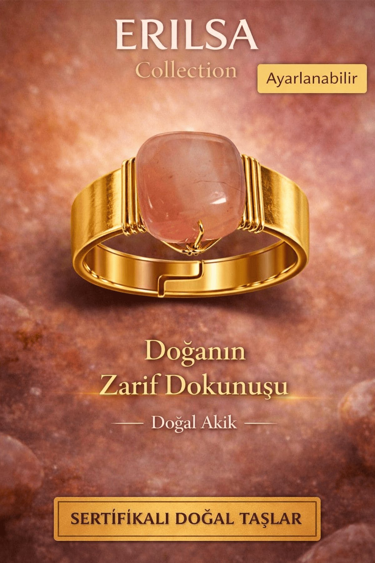 Sertifikalı Doğal Akik Taşı Yüzük Ayarlanabilir El Yapımı Doğal Taş Yüzük