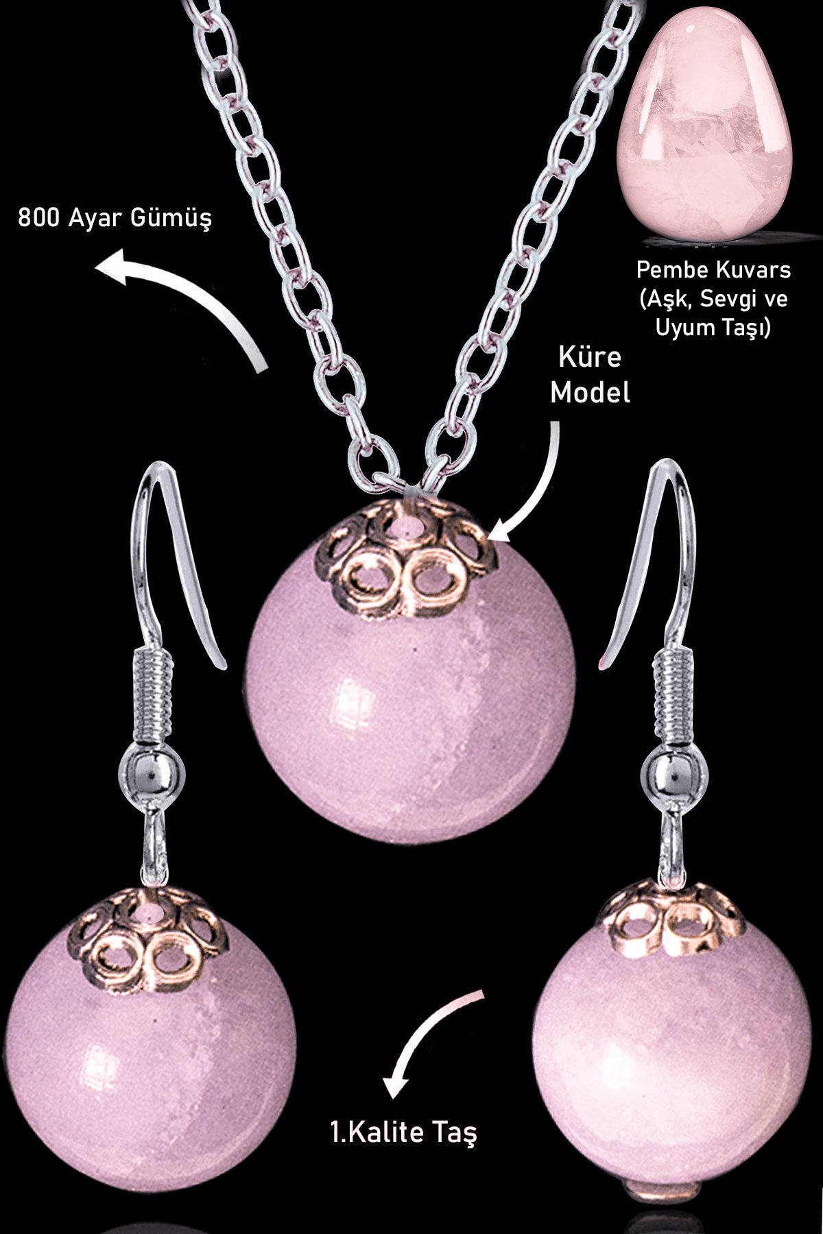 Sertifikalı Küre Model Pembe Kuvars Taşı Kolye ve Küpe Seti - Açık Renk