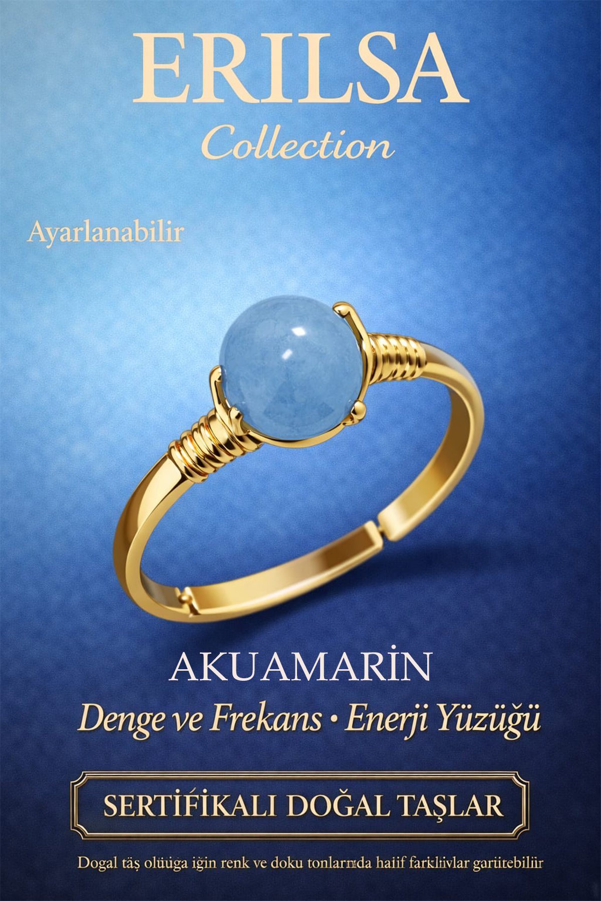 Sertifikalı Denge Frekans Enerji Yüzüğü – Akuamarin Taşı Ayarlamalı Gold Balık Kova İkizler Burcu