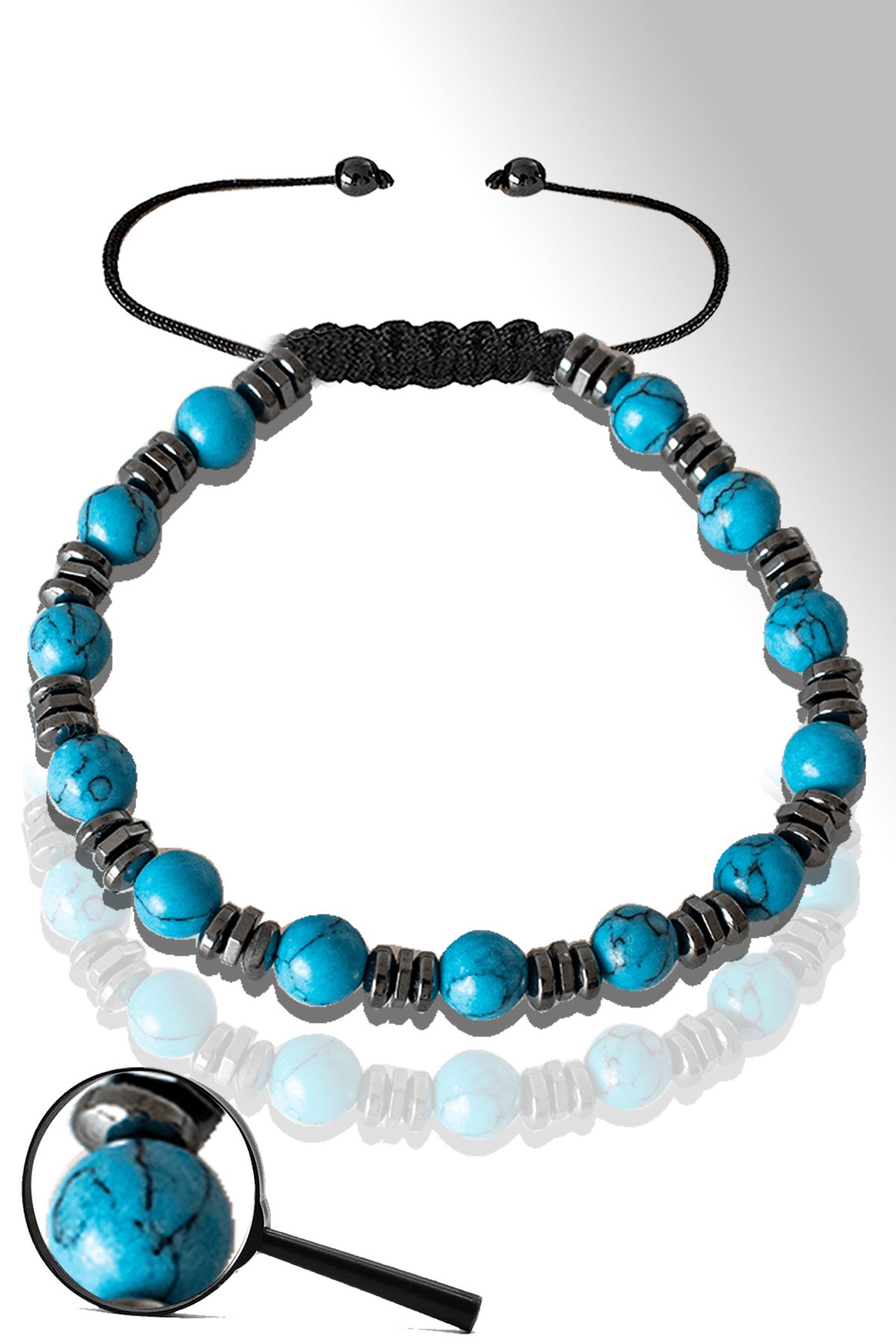 Sertifikalı Silver Hematitli 6mm Doğal Firuze Bileklik - Ayarlamalı