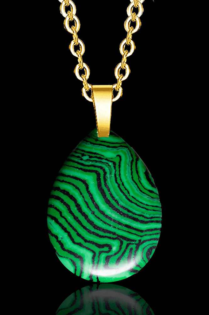 Sertifikalı 24k Altın Kaplama Damla Kesim Malahit Taşı Kolye