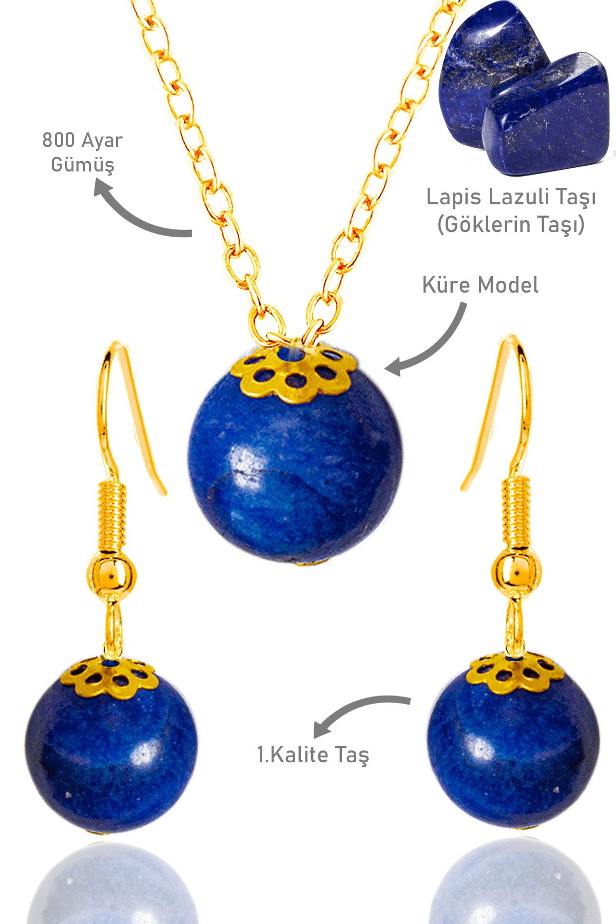 Sertifikalı Gold Küre Orijinal Lapis Lazuli Taşı Kolye ve Küpe Seti - Gümüş Aparatlı