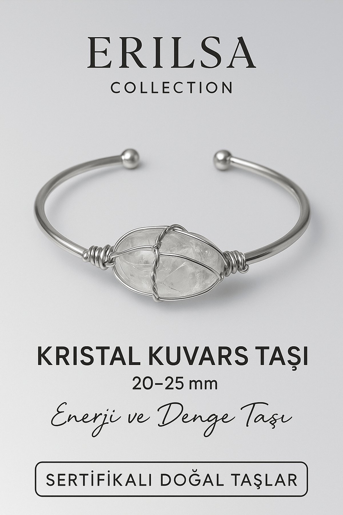 Sertifikalı Doğal Kristal Kuvars Taşı Gümüş Kaplama Ayarlanabilir Bileklik – Saflık ve Enerji