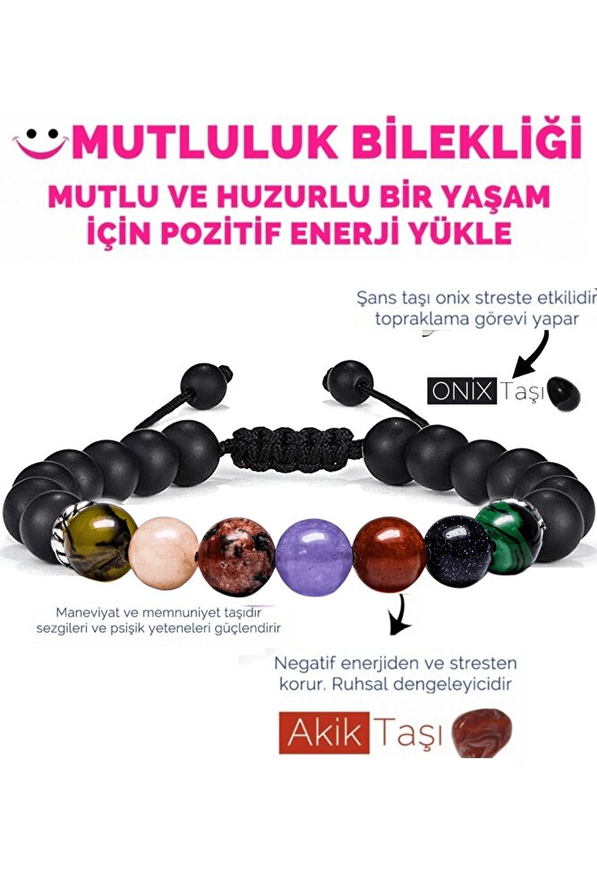 Sertifikalı Mutluluk Iç Huzur Bilekliği Akik Kalsit Mercan Kuvars Mavi Yıldız Malahit Oniks Doğal Taş Bileklik