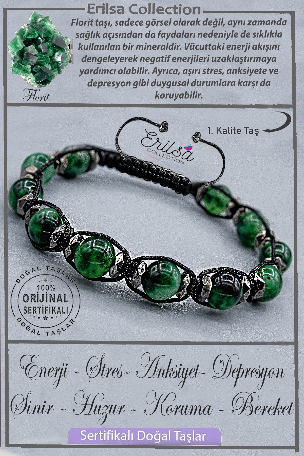 Sertifikalı Gerçek AAA+ Kalite Terahertz - Yeşil Florit Taşı Bileklik - Ayarlamalı