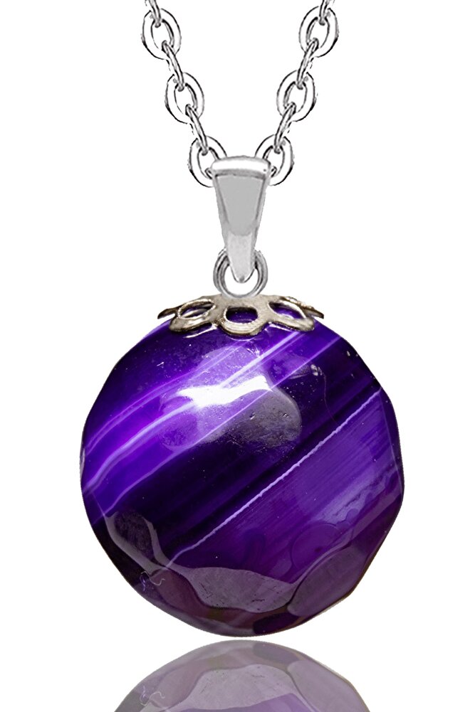 Sertifikalı Damarlı Mor Akik Taşı Doğal Taş Kolye