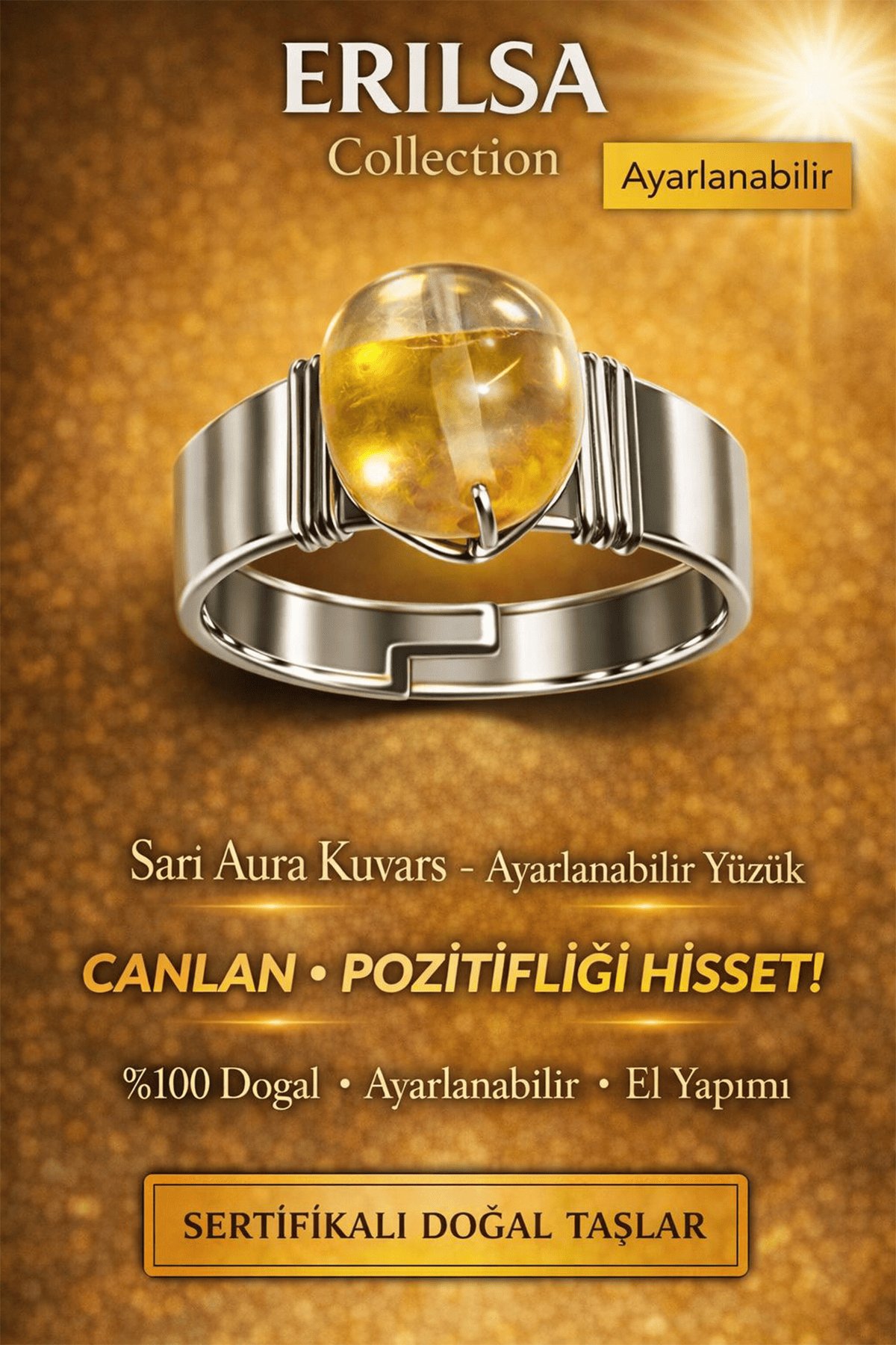 Sertifikalı Sarı Aura Kuvars Yüzük Doğal Taş Ayarlanabilir El Yapımı Enerji Taşı