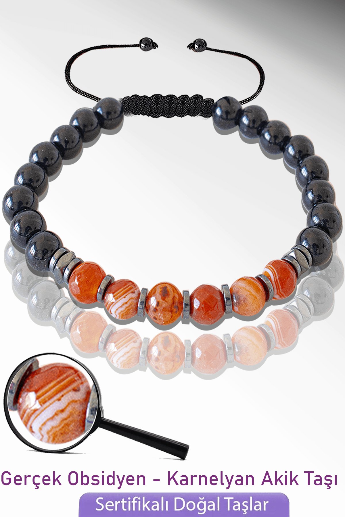Sertifikalı Doğal Obsidyen - Karnelyan Akik Taşı Bileklik - Ayarlamalı