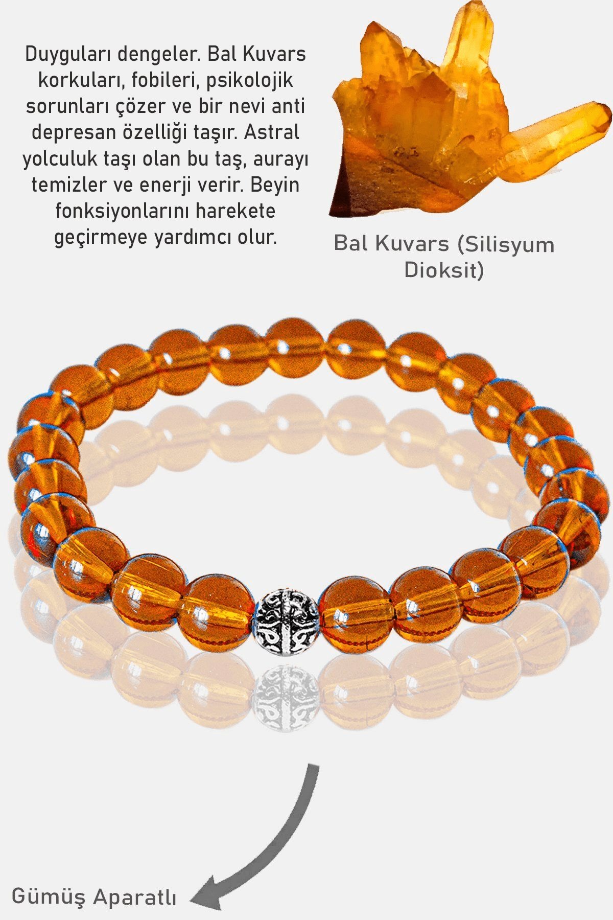 Sertifikalı AAA+ Bal Kuvars Taşı Bileklik - Gümüş Aparatlı