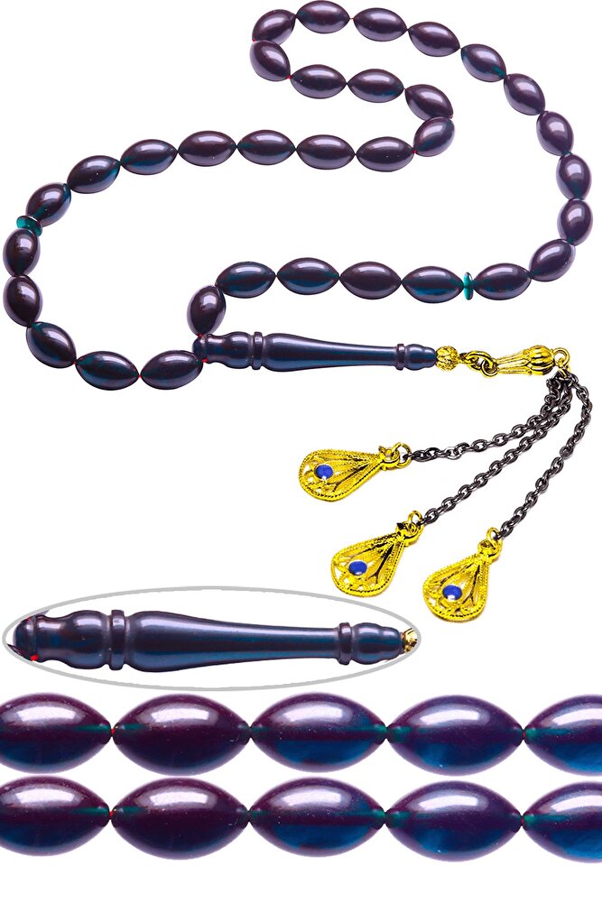 Dışı Siyah Içi Mavi Renk Beyzi Kesim Ateş Kehribar Tesbih