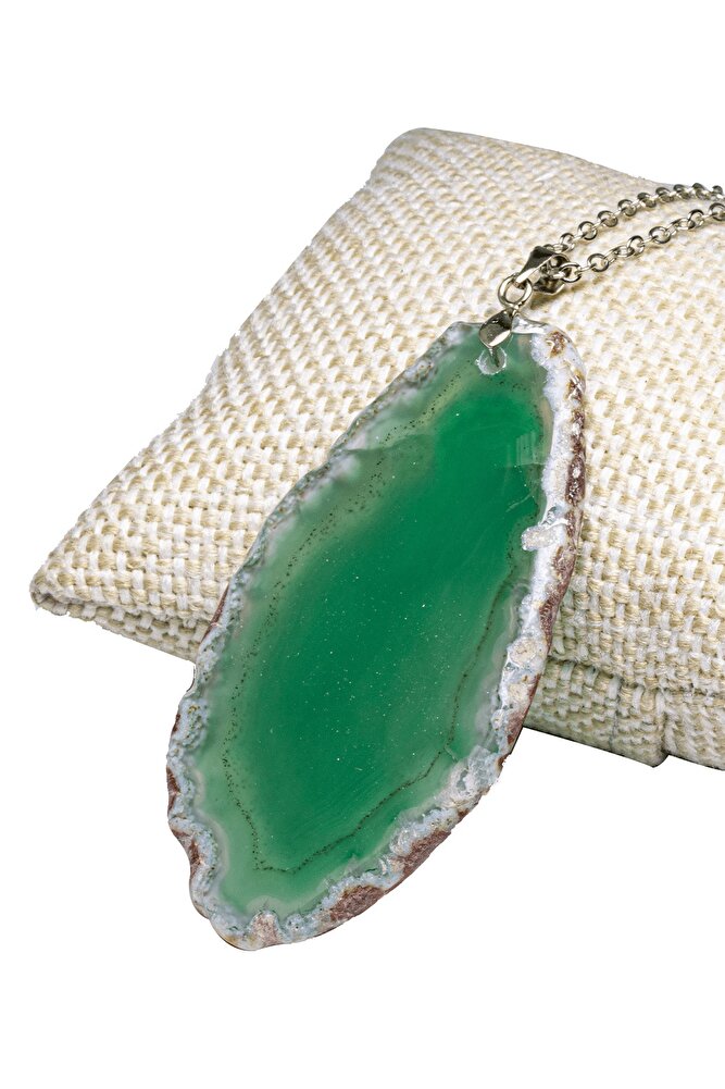 Sertifikalı Gümüş Aparatlı Doğal Yeşil Akik Taşı Plaka Kolye