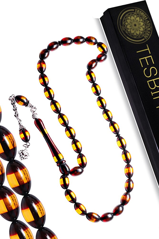 Sertifikalı Turuncu Siyah Sürmeli Toz Kehribar Tesbih