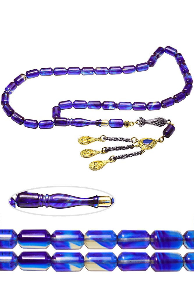 Parlement Mavi Renkli Altın Kaplama Püsküllü Ateş Kehribar Tesbih