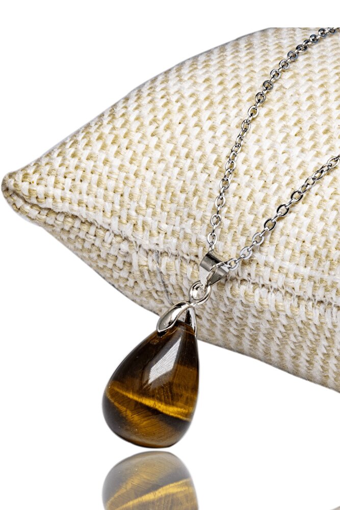 Sertifikalı Damla Drop Kaplan Gözü Taşı Kolye - Gümüş Aparatlı