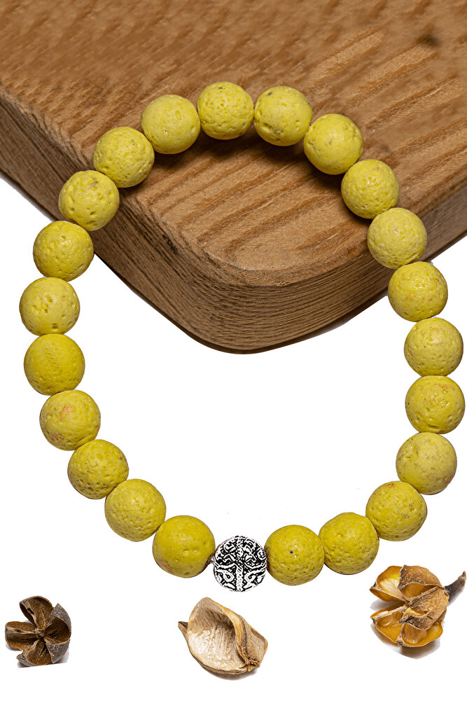 Sertifikalı Volkanik Sarı Lav Taşı Bileklik - Gümüş Aparatlı