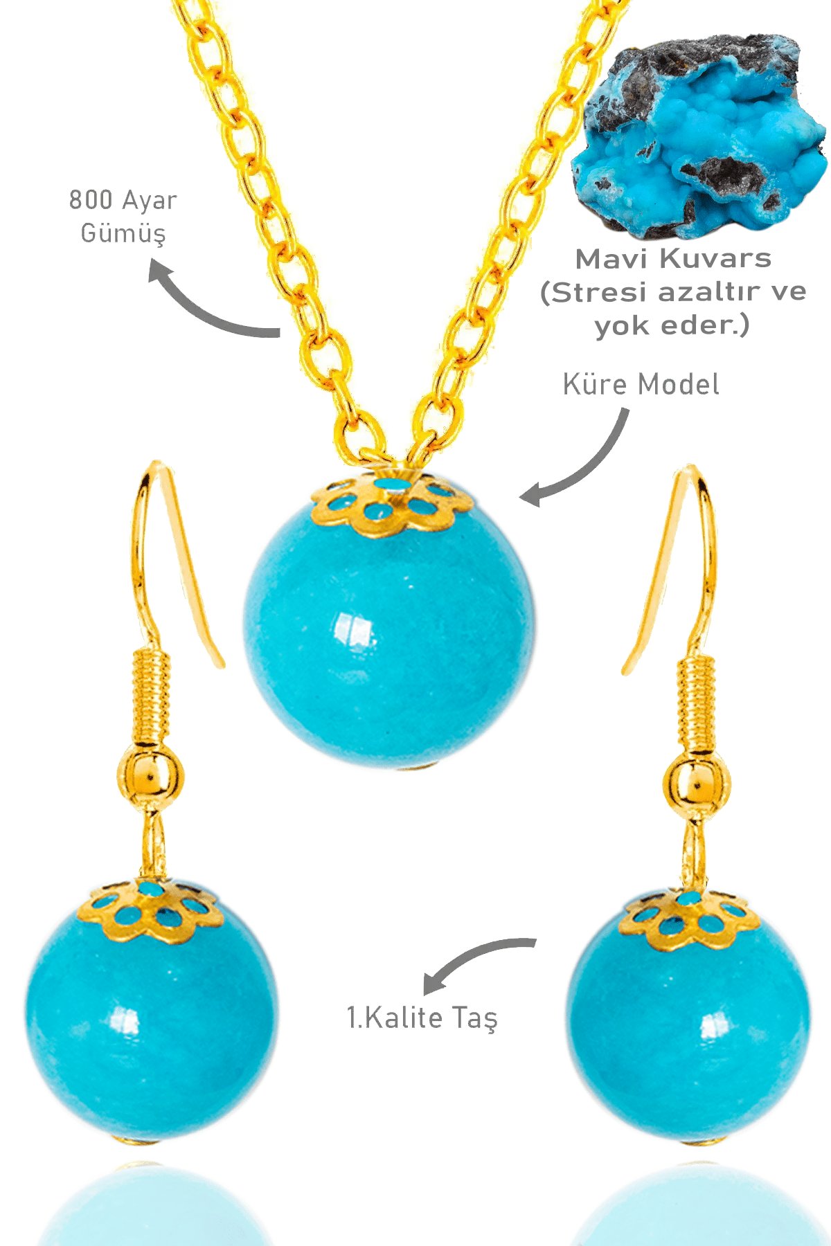 Sertifikalı Gold Küre Model Mavi Kuvars Taşı Kolye ve Küpe Seti - Gümüş Aparatlı