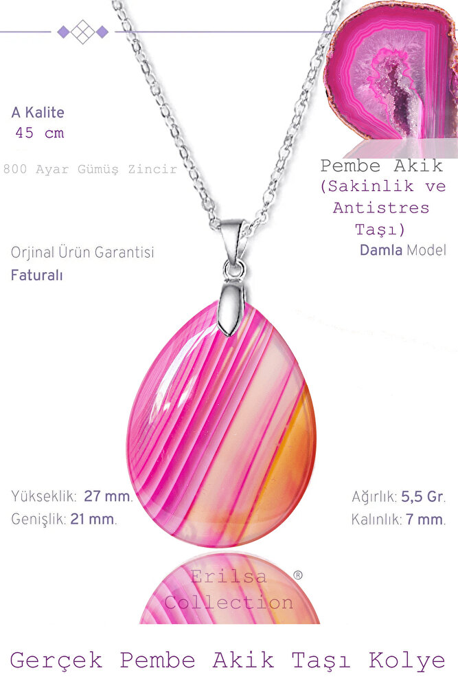 Sertifikalı Damla Model Pembe Akik Taşı Kolye (Gümüş Aparatlı)