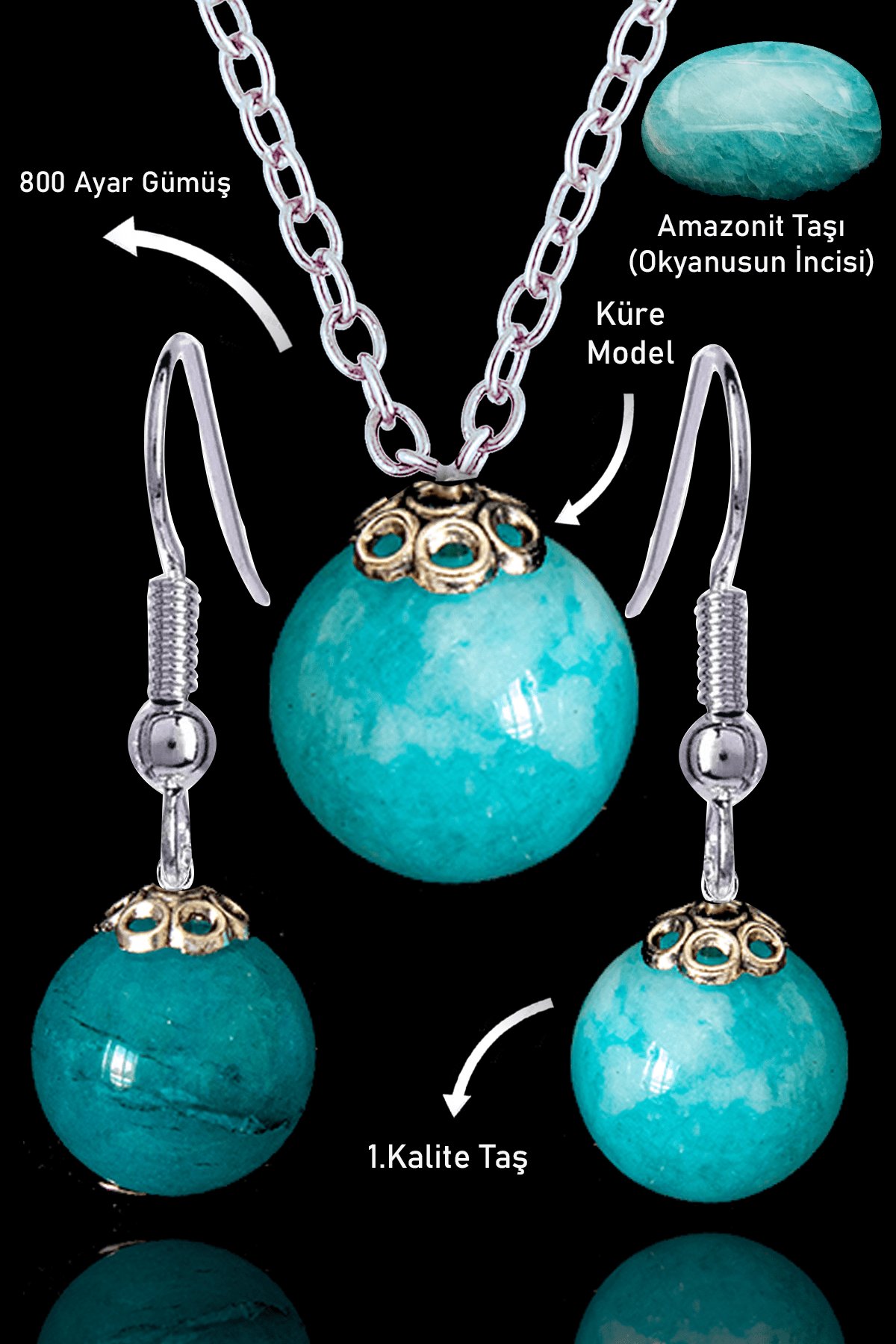 Sertifikalı Küre Model Amazonit Taşı Kolye ve Küpe Seti - Gümüş Aparatlı