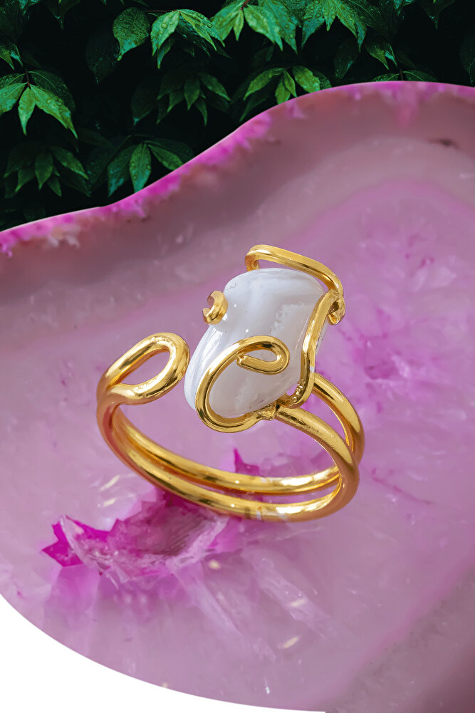 Sertifikalı Gold Rokoko Model Beyaz Akik Taşı Yüzük - Ayarlamalı