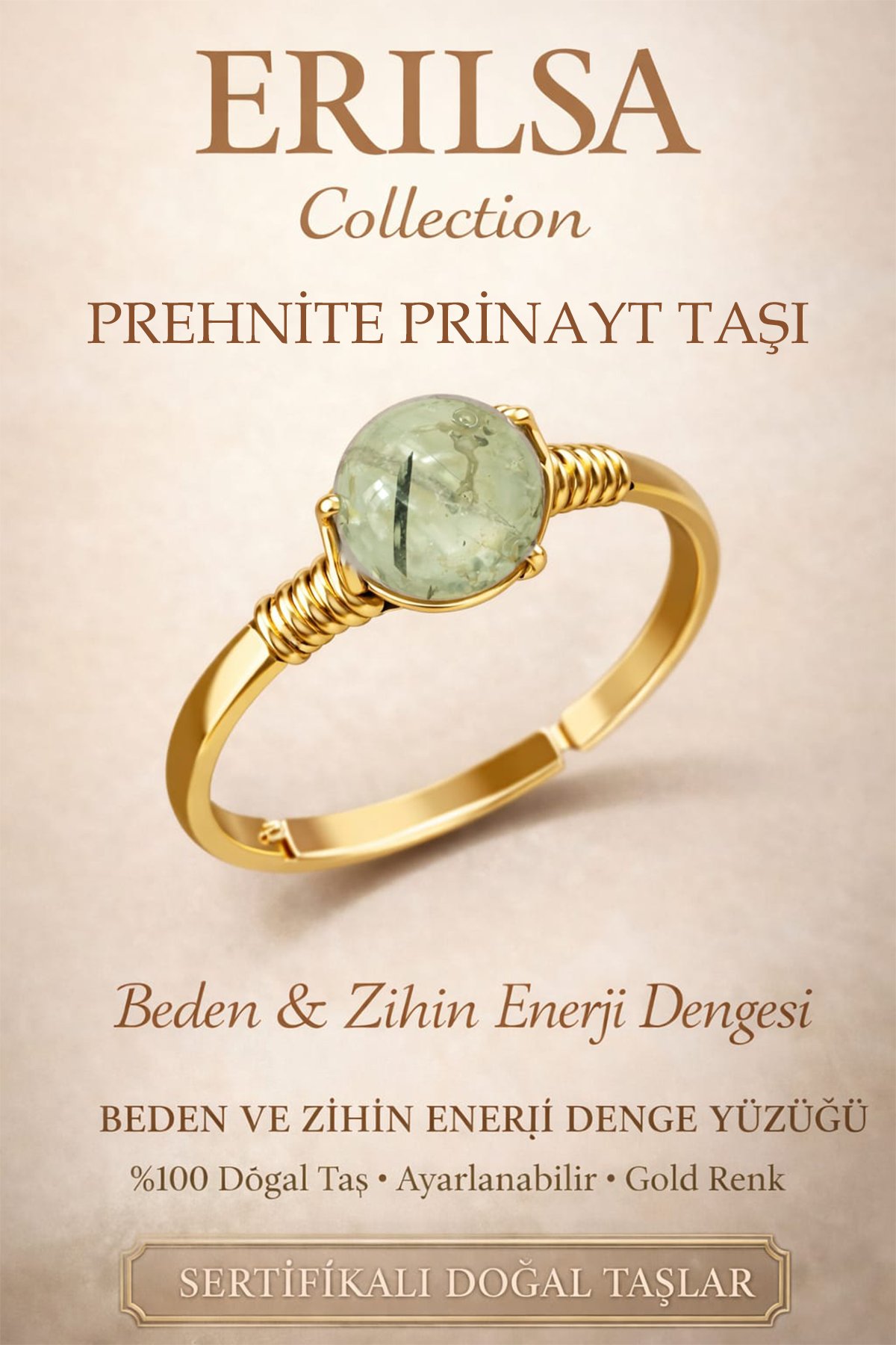Sertifikalı Beden Zihin Denge Enerji Yüzüğü - Prehnite Prinayt Taşı Ayarlamalı Terazi Balık Burcu