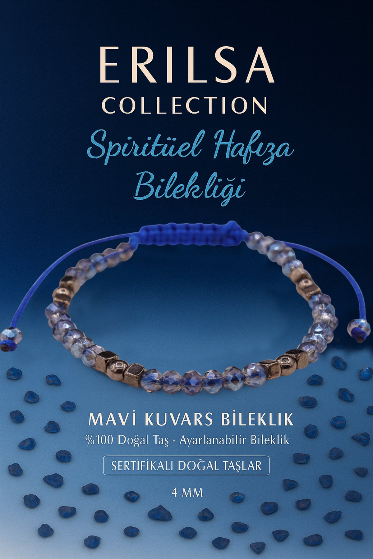 Sertifikalı Spiritüel Hafıza Enerji Bilekliği – Mavi Kuvars Doğal Taşı (İnce Model)