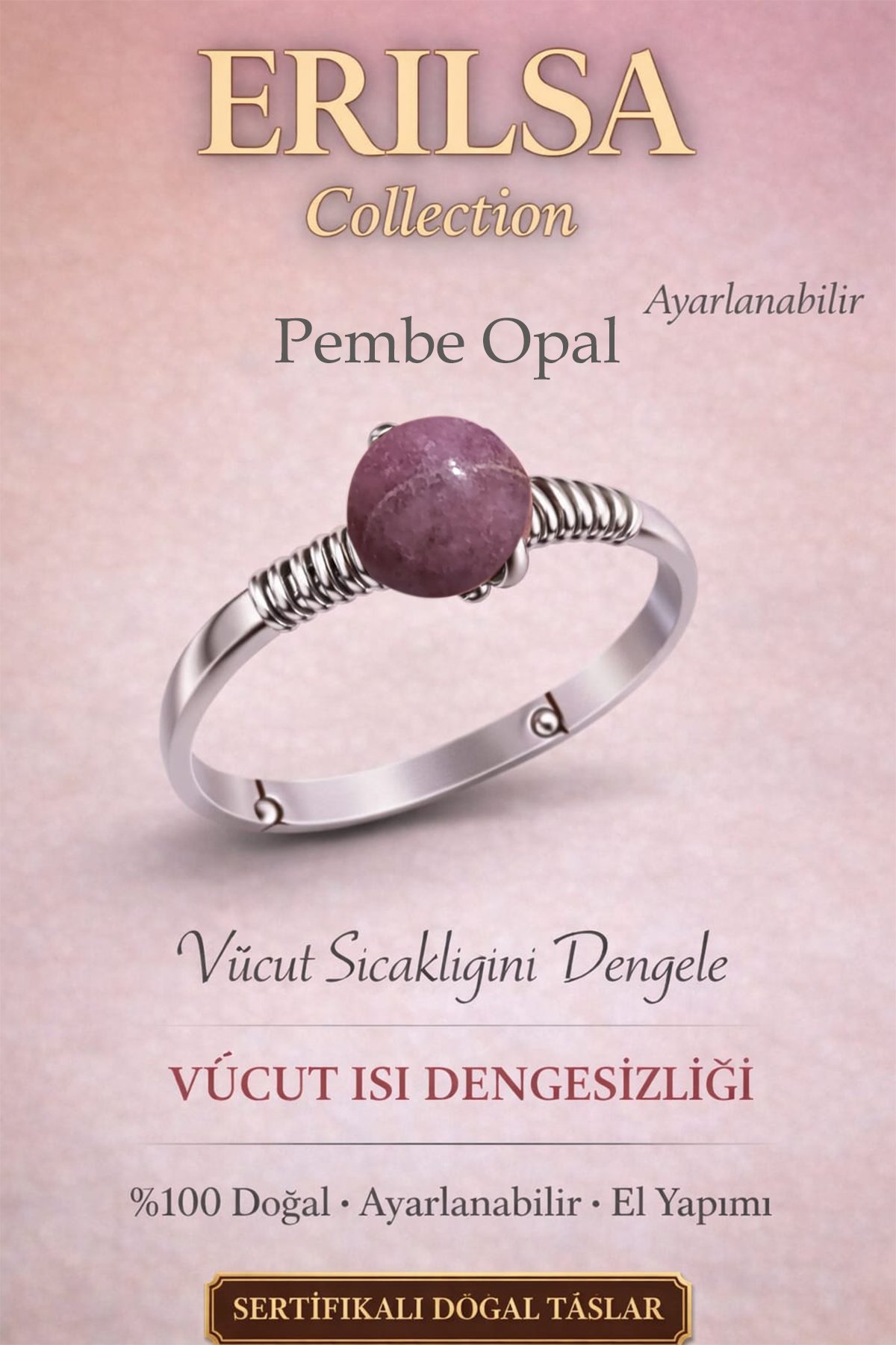 Sertifikalı Vücut Isı Denge Enerji Yüzüğü – Pembe Opal Ayarlamalı İnce Kasa Boğa Yengeç Balık Burcu