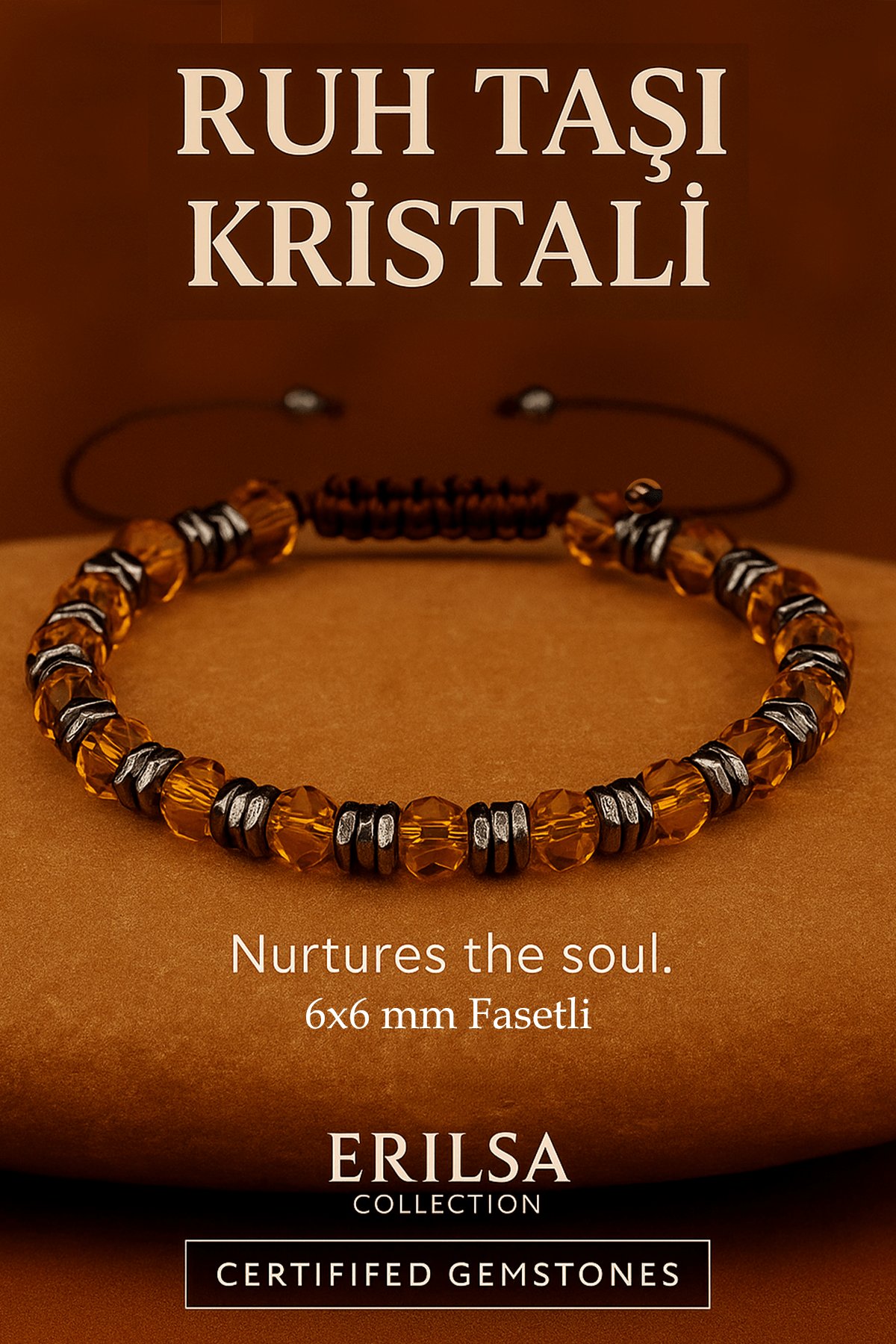 Sertifikalı Ruh Taşı Kristali Bileklik 6x6 mm Fasetli – Ruhsal Şifa Canlanma Taşı Tangerina Quartz