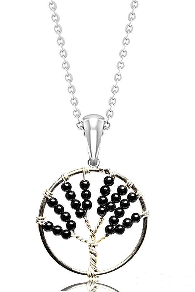 Sertifikalı Ham Siyah Obsidyen Taşı Hayat Ağacı Kolye