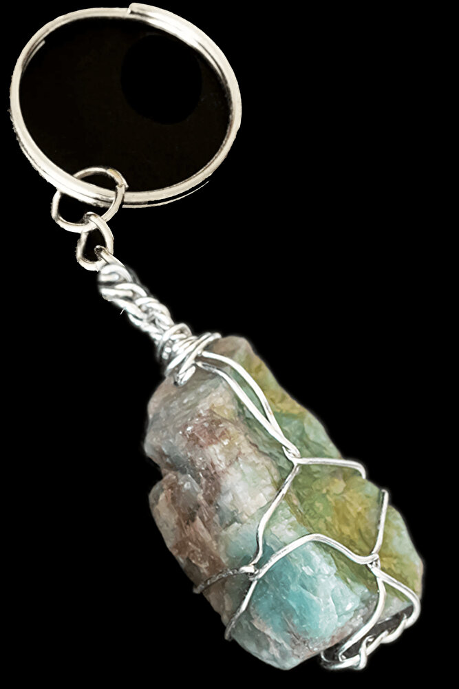 Sertifikalı Gümüş Ham Amazonit Taşı Anahtarlık - Tel Sargılı