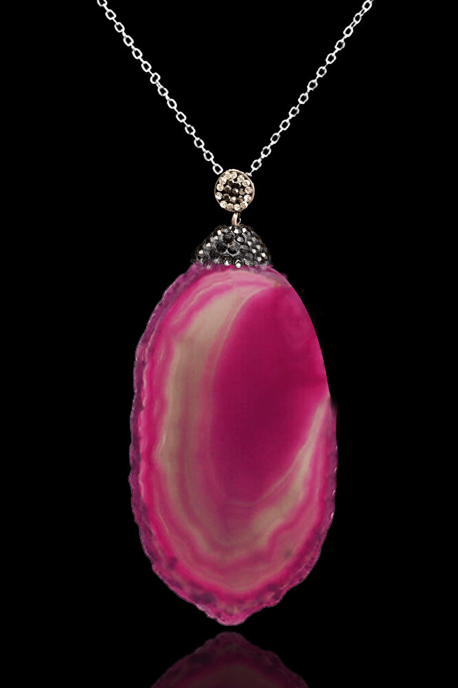 Sertifikalı Zirkon Taşlı Plaka Pembe Akik Taşı Kolye