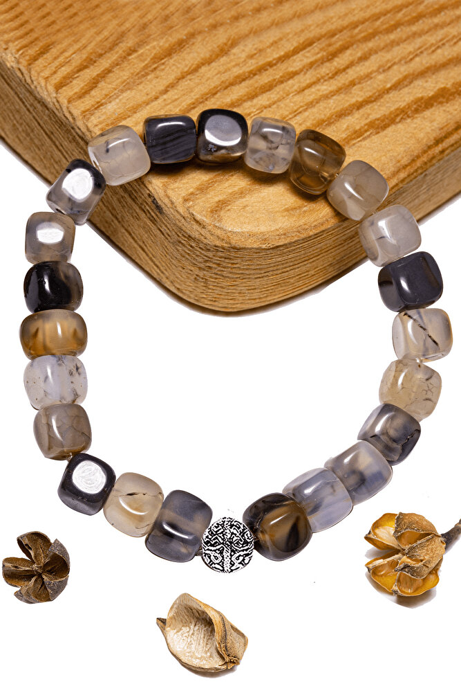 Sertifikalı Küp Kesim Siyah - Beyaz Akik Taşı Bileklik - Gümüş Aparatlı