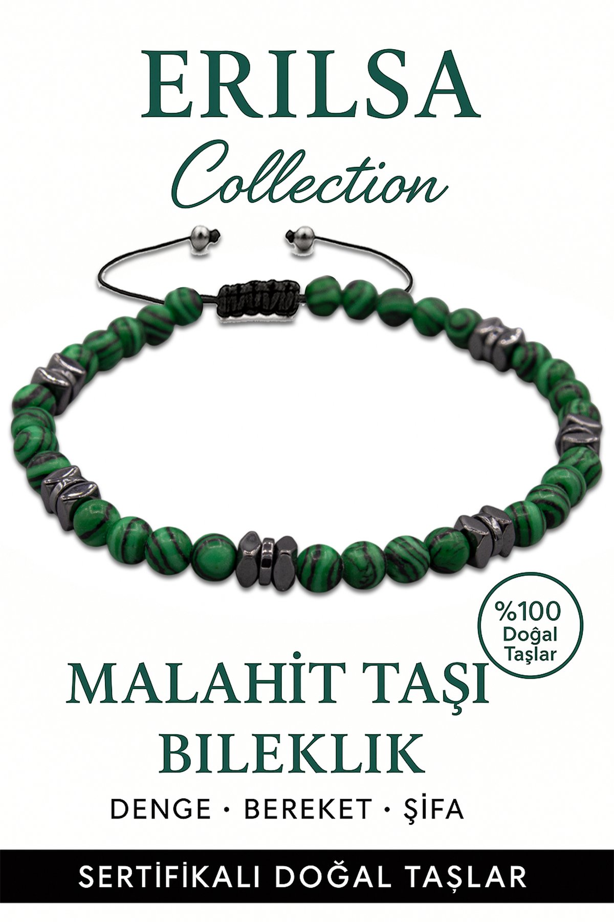 Sertifikalı Terahertz – Malahit Taşı Bileklik (İnce Model) – Dönüşüm, Koruma ve Kalp Gücü Taşı