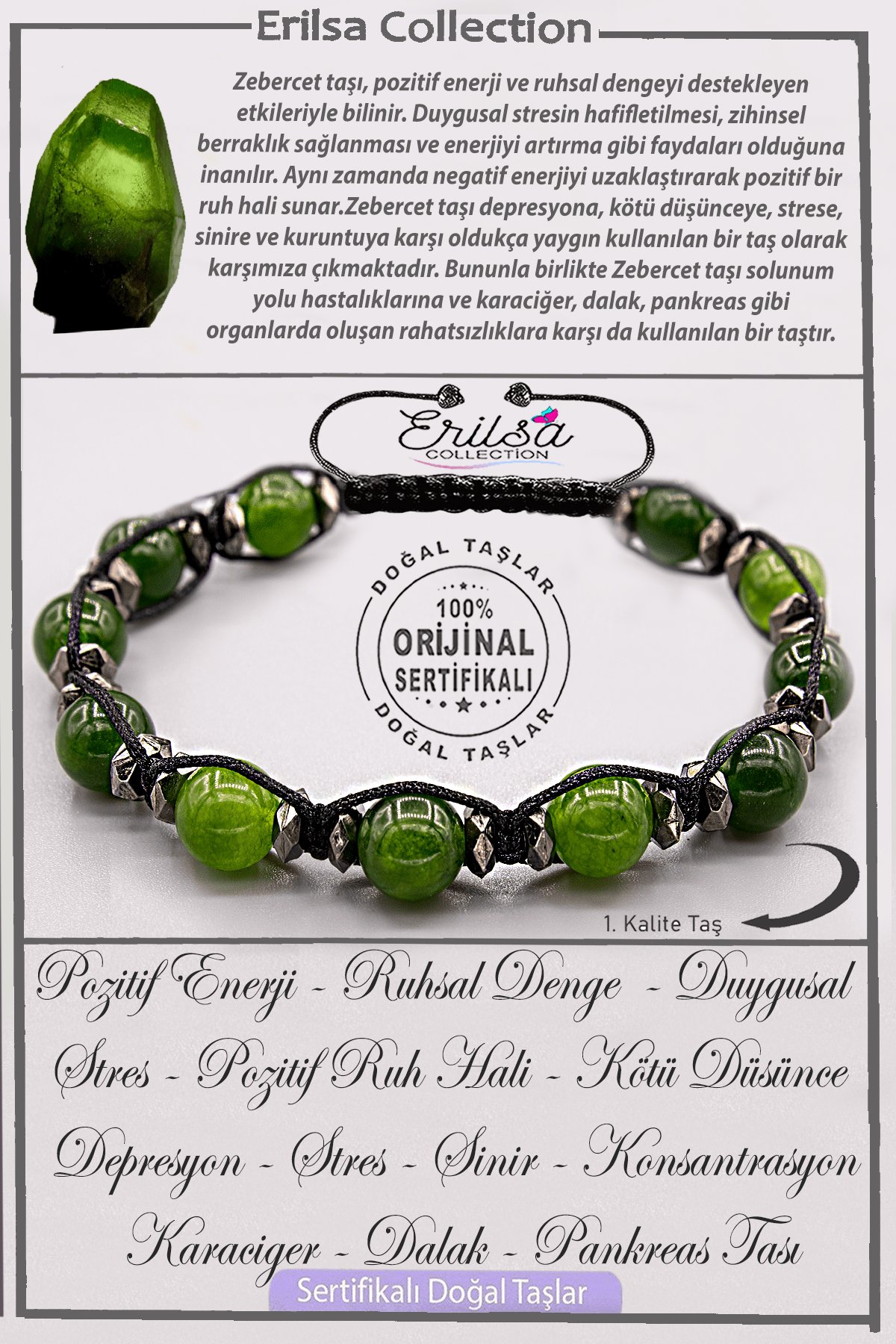 Sertifikalı AAA+ Kalite Gerçek Terahertz - Zebercet Taşı Bileklik - Peridot